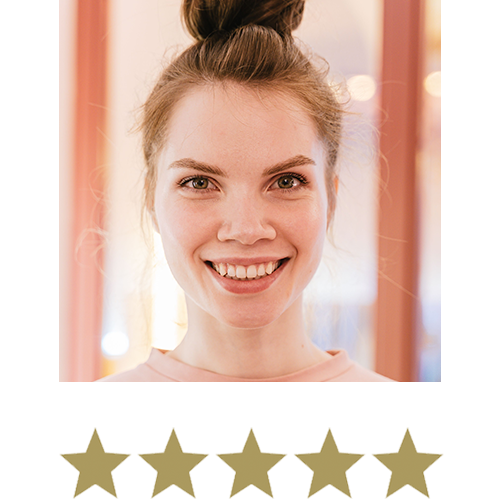 Woman smiling with five stars beneath