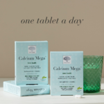 The Calcium Mega™ package with text "One tablet per day".