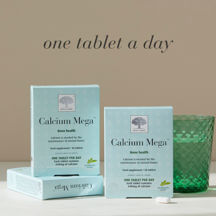 The Calcium Mega™ package with text "One tablet per day".