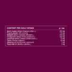 Ingredient table showing daily intake and amounts of greek oregano extract, propolis powder, marigold extract, pomegranate extract, cardamom extract, thyme, cinnamon oil and peppermint oil.