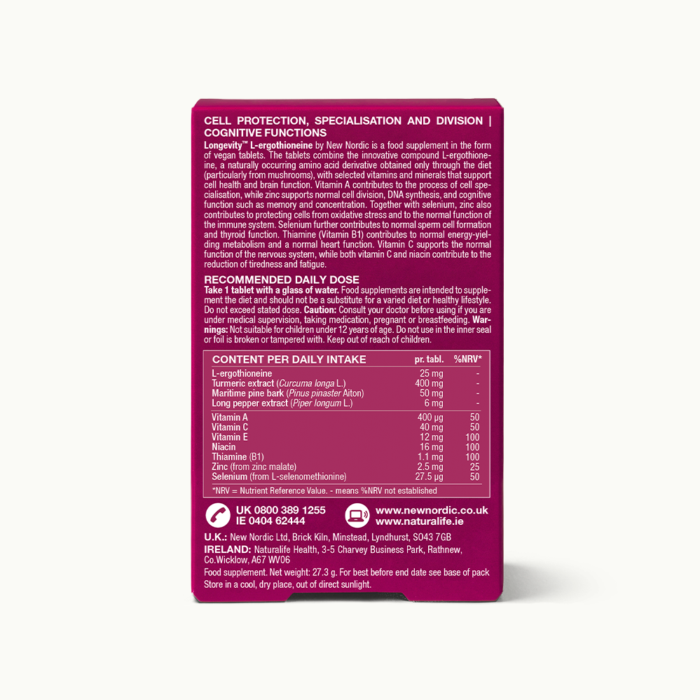 Back of Longevity™ L-ergothioneine package.