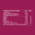 Ingredient table showing daily intake and amounts of L-ergothioneine, turmeric, maritime pine bark and long pepper extracts with vitamin A, vitamin C, vitamin E, niacin, thiamine, zinc and selenium.
