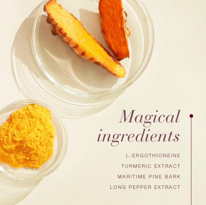 Magical ingredients of Longevity™ L-ergothioneine displayed with turmeric.