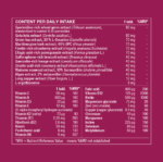 Ingredient table showing daily intake and amounts of spermidine-rich wheat germ extract , gotu kola extract (centella asiatica l.) green tea extract, maritime pine bark extract, fisetin-rich strawberry extract, ellagic acid-rich pomegranate extract, sulforaphane-rich broccoli extract, quercetin-rich lovage extract, ursolic acid-rich rosemary extract, wakame seaweed extract, algae extract, long pepper extract, l-ergothioneine, vitamin c, vitamin a, vitamin d3, vitamin e, vitamin k2, thiamine (vitamin b1), riboflavin (vitamin b2), niacin (from nicotinamide, nicotinic acid), pantothenic acid, vitamin b6, folic acid, vitamin b12, biotin, magnesium, zinc, copper, chromium, manganese, lodine, selenium and molybdenum.