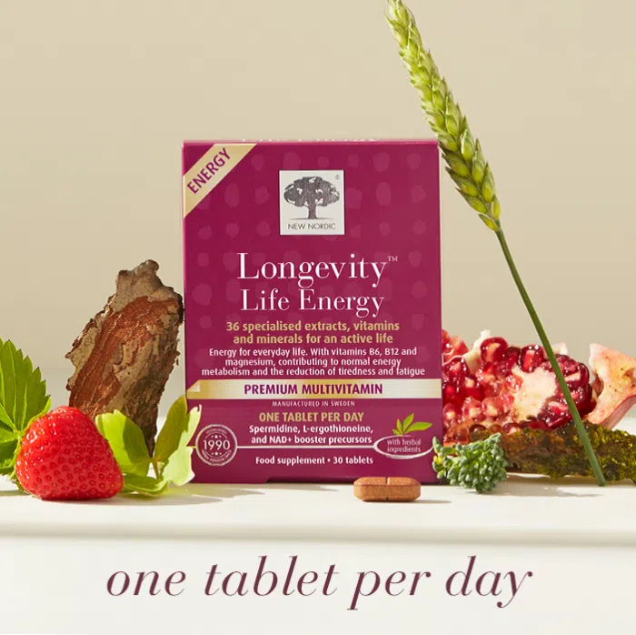 The Longevity™ Life Energy package displayed with a tablet and ingredients with text one tablet per day