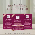 Selection of New Nordic Longevity products with text Live healthier live better.