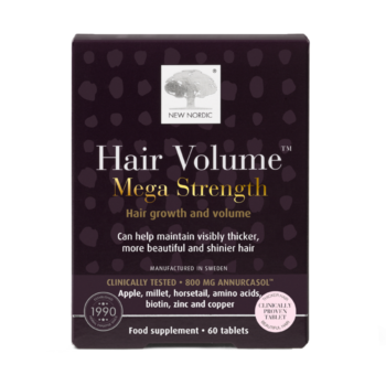 Hair Volume™ Mega Strength helps maintain normal hair and skin with ingredients like Annurcasol™ apple extract, maritime pine bark, millet, horsetail, and biotin.