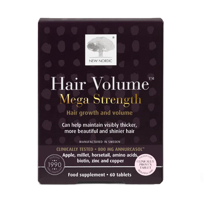 Hair Volume™ Mega Strength helps maintain normal hair and skin with ingredients like Annurcasol™ apple extract, maritime pine bark, millet, horsetail, and biotin.