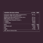 Ingredient table showing daily intake and amounts of Annurcasol™ apple, maritime pine bark, millet and horsetail extracts with L-cysteine, L-methinonine, biotin, pantothenic acid, zinc and copper.