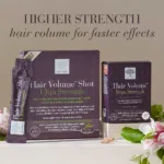 Packs of Hair Volume Shot Ultra Strength and Hair Volume Mega Strength together with text Higher strength hair volume for faster effects