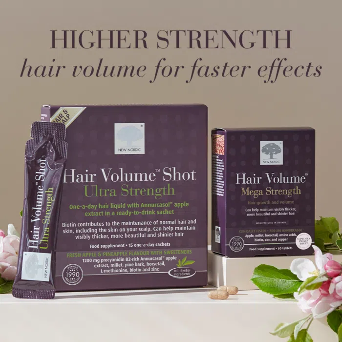Packs of Hair Volume Shot Ultra Strength and Hair Volume Mega Strength together with text Higher strength hair volume for faster effects