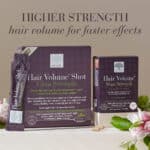 Packs of Hair Volume Shot Ultra Strength and Hair Volume Mega Strength together with text Higher strength hair volume for faster effects