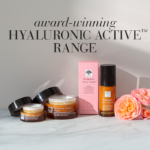 Hyaluronic Active™ products displayed with a pink rose and the text Award-winning Hyaluronic Active range.