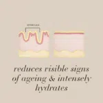 Diagram comparing wrinkled and smooth skin with text Reduces visible signs of ageing & intensely hydrates.