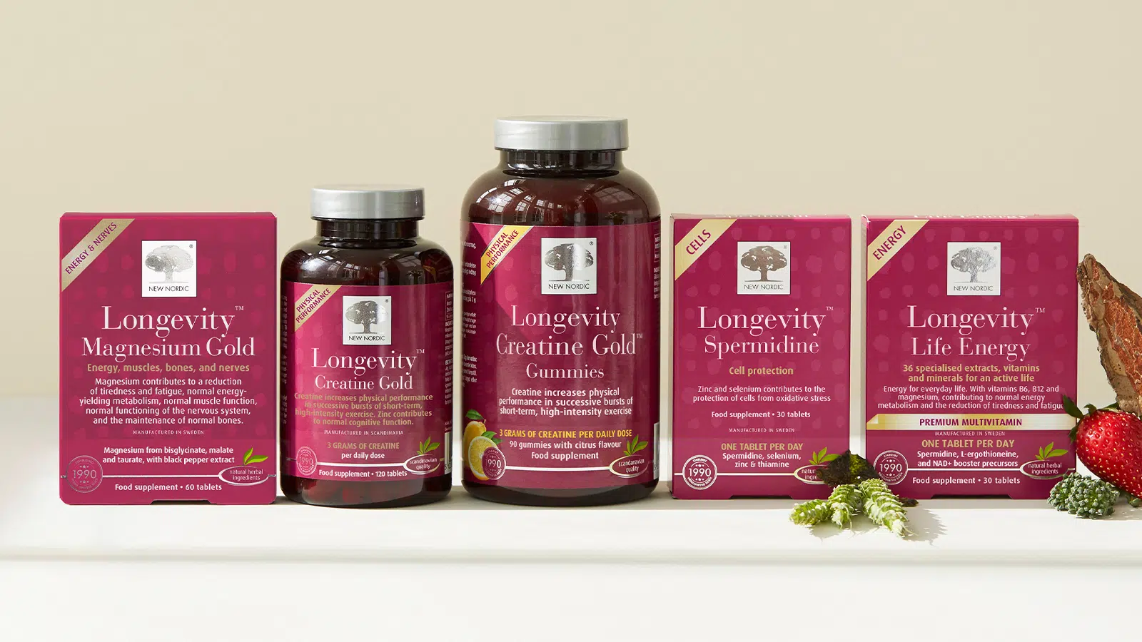 New Nordic Longevity™ range with Magnesium Gold, Creatine Gold, Creatine Gold Gummies, Spermidine and Life Energy.