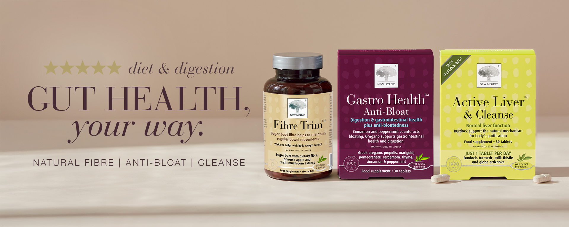 Image of New Nordic Gut Health / Digestion Supplements, including Fibre Trim, Gastro Health Anti Bloat and Active Liver Cleanse