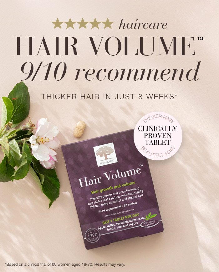Image of New Nordic clinically proven Hair Volume supplement, with the text "9/10 recommend Hair Volume, thicker hair in just 8 weeks"