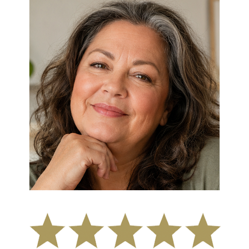 Sugar Cutâ„¢ Berberine Mega Strength 8 Woman smiling with five stars beneath