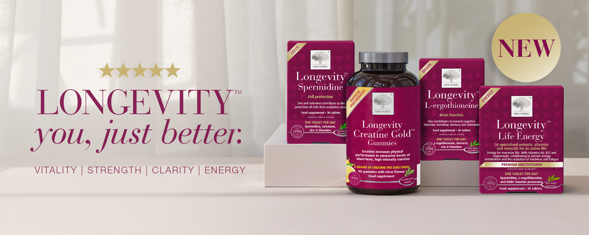 Image of New Nordic Longevity products with text "Longevity: you, just better"