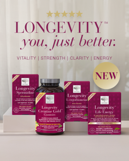 Image of New Nordic Longevity products with text "Longevity: you, just better"