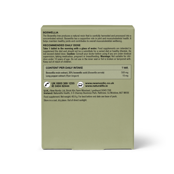 New Nordic Boswellia™ tablets showing ingredients and recommended daily dose.