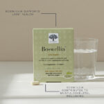 Benefits of Boswellia™ displayed with a Boswellia™ package, a tablet and a glass of water.