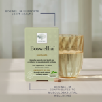 Benefits of Boswellia™ displayed with a Boswellia™ package, a tablet and a glass of water.