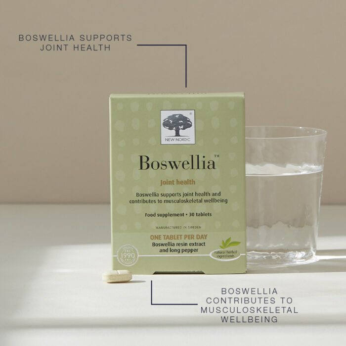 Benefits of Boswellia™ displayed with a Boswellia™ package, a tablet and a glass of water.