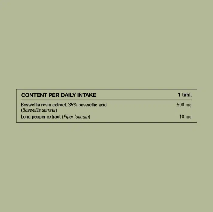 Ingredient table showing daily intake and amounts of boswellia resin and long pepper extracts.