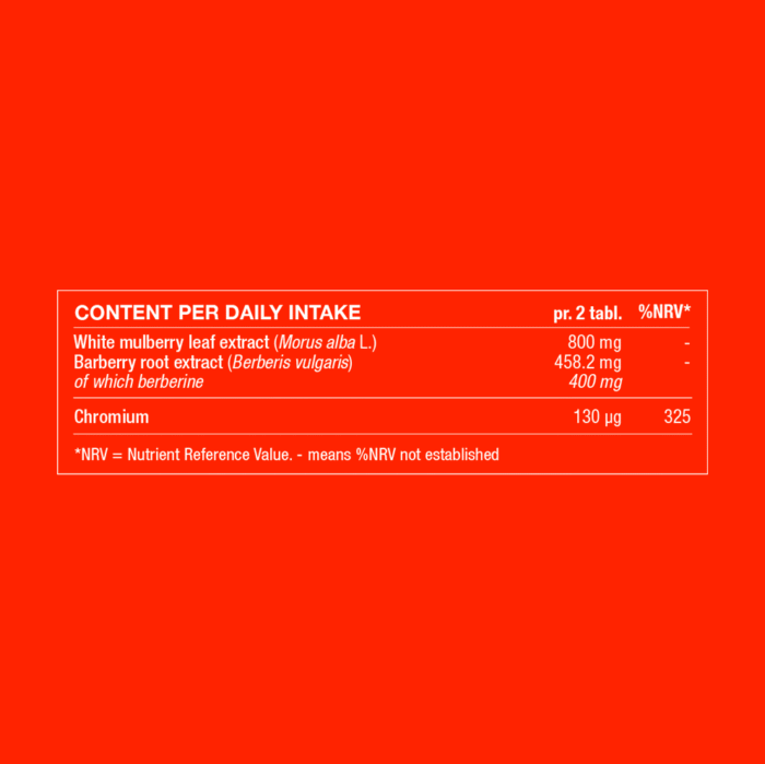 Ingredient table showing daily intake and amounts of white mulberry leaf and barberry root extracts with chromium.
