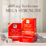 New Nordic Sugar Cut™ Berberine Mega Strength packs shown with a measuring tape, highlighting 400 mg berberine.