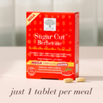 The Sugar Cut™ Berberine Mega Strength package displayed with 2 tablets and the text Just 1 tablet per meal.