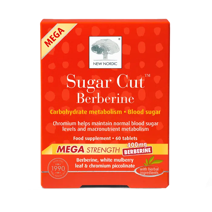 New Nordic Sugar Cut™ Berberine Mega Strength tablets with berberine and chromium to help maintain normal blood sugar levels.