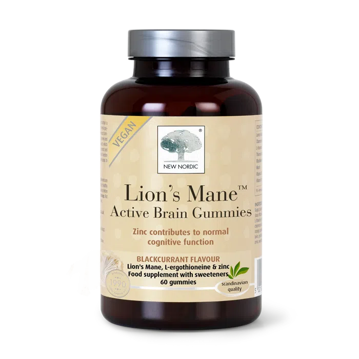 New Nordic Lion’s Mane Active Brain Gummies with zinc help maintain normal cognitive function, 60 blackcurrant flavour gummies.
