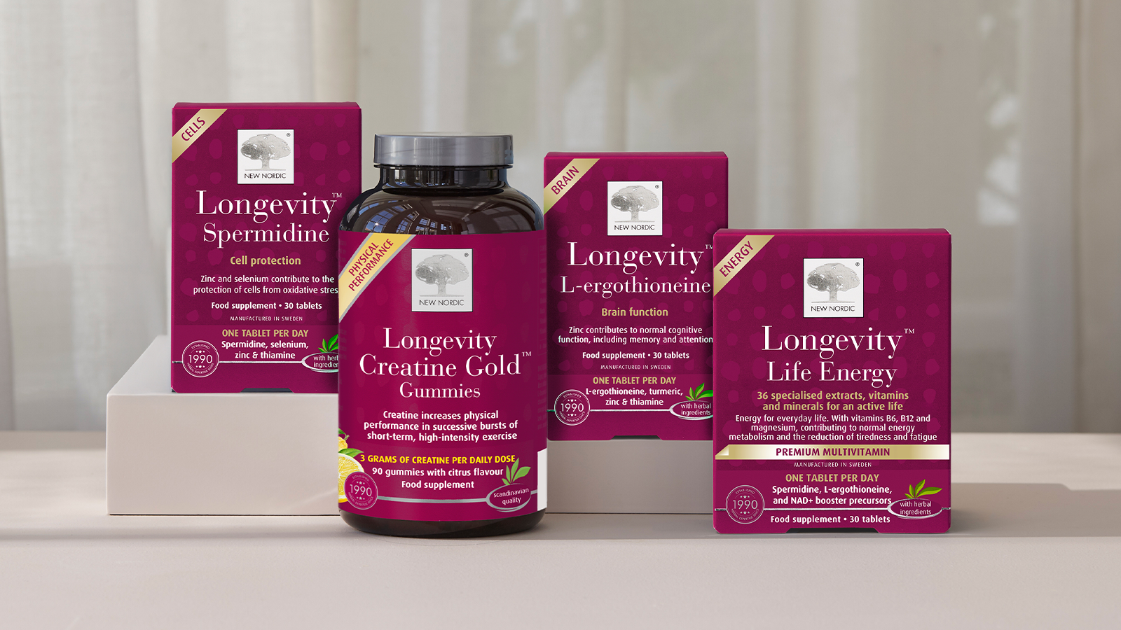 Row image of four Longevity products from New Nordic