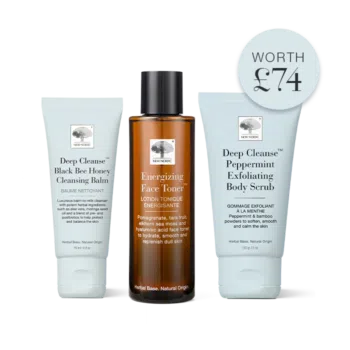 New Nordic Deep Cleanse skincare trio: cleansing balm, energizing face toner and peppermint body scrub.