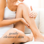 Woman applying body lotion to her leg with text Gently cleanses skin.