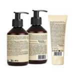 Back view of Herbal Joy Firming Lotion pump bottles and Anti-Ageing Hand Cream showing ingredients and product details.