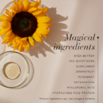 Sunflower and glass dish with oil beside text listing skincare ingredients including shea butter and hyaluronic acid.