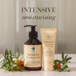 Herbal Joy Firming Lotion and Anti-Ageing Hand Cream styled with sea buckthorn branches and text Intensive moisturising.
