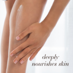 Close-up of woman applying body lotion to her leg, text reads Deeply nourishes skin.