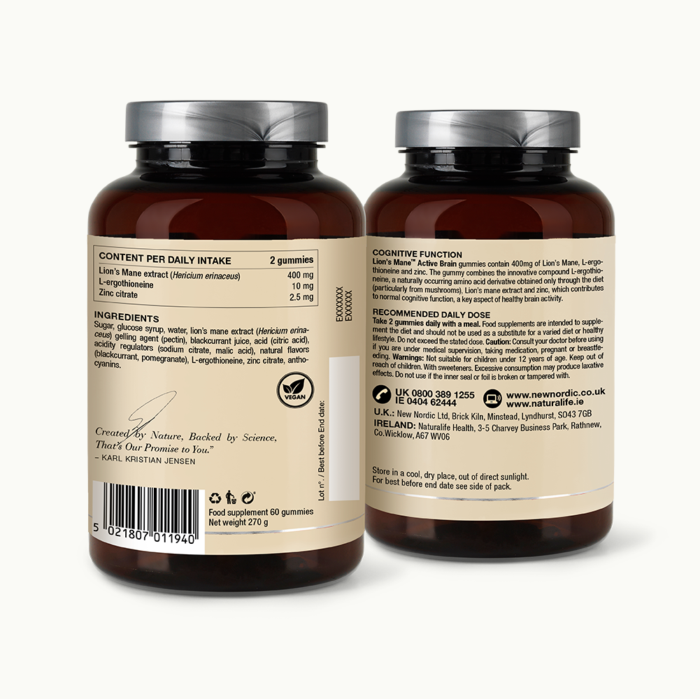 Back the Lion’s Mane Active Brain Gummies showing ingredients, nutritional information and recommended daily dose.