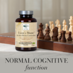 New Nordic Lion’s Mane Active Brain Gummies bottle beside a chessboard, highlighting zinc that contributes to normal cognitive function.