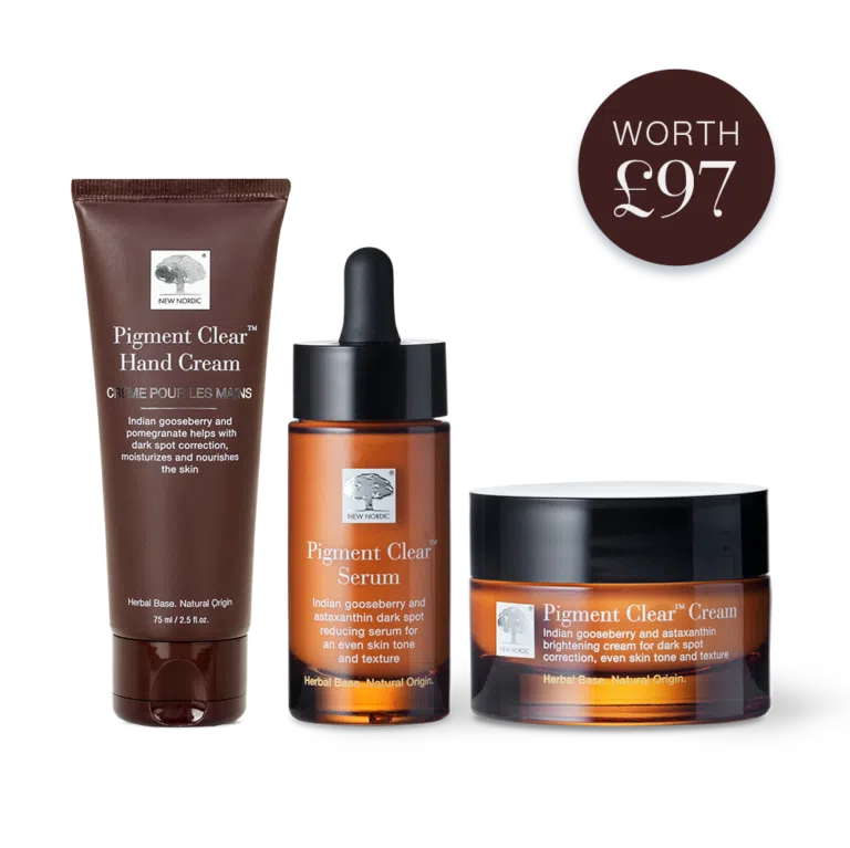 Pigment Clear Hand Cream, Serum and Cream set for dark spot correction, shown with “Worth £97” badge.