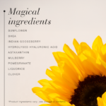 Close-up of sunflower with list of key ingredients including shea, Indian gooseberry, hyaluronic acid and astaxanthin.