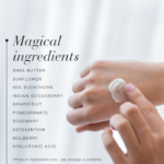 Close-up of hand applying cream with list of botanical ingredients including shea butter and hyaluronic acid.