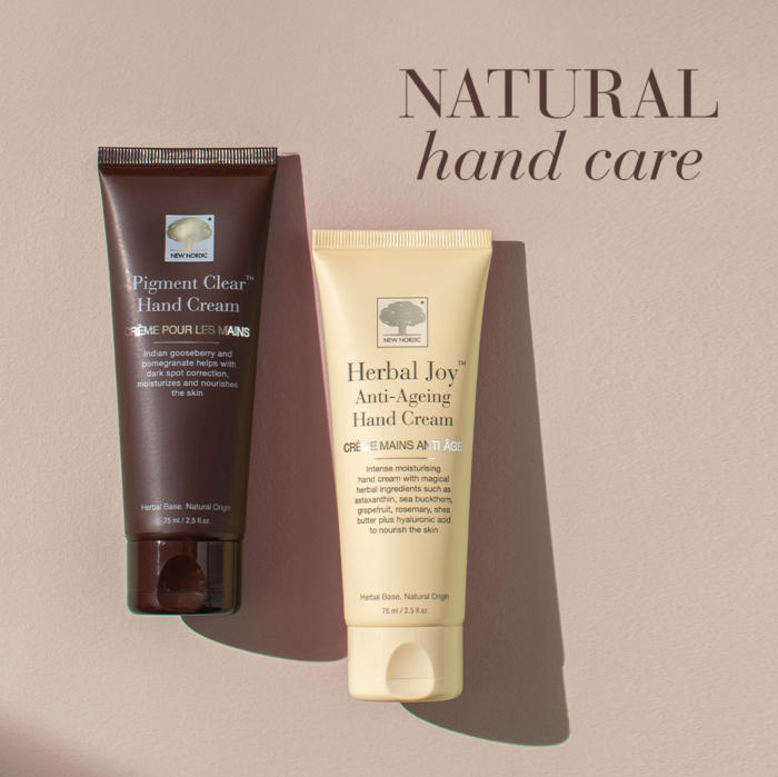 Pigment Clear and Herbal Joy hand creams displayed on neutral background with headline: Natural hand care.