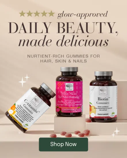 Image of New Nordic Beauty Gummies inclucing Biotin Gummies, Hair,Skin, Nail Strong Gummies and C Vitamin Gummies. With the text that reads: DAILY BEAUTY, made delicious. 5 -Stars Glow Approved.