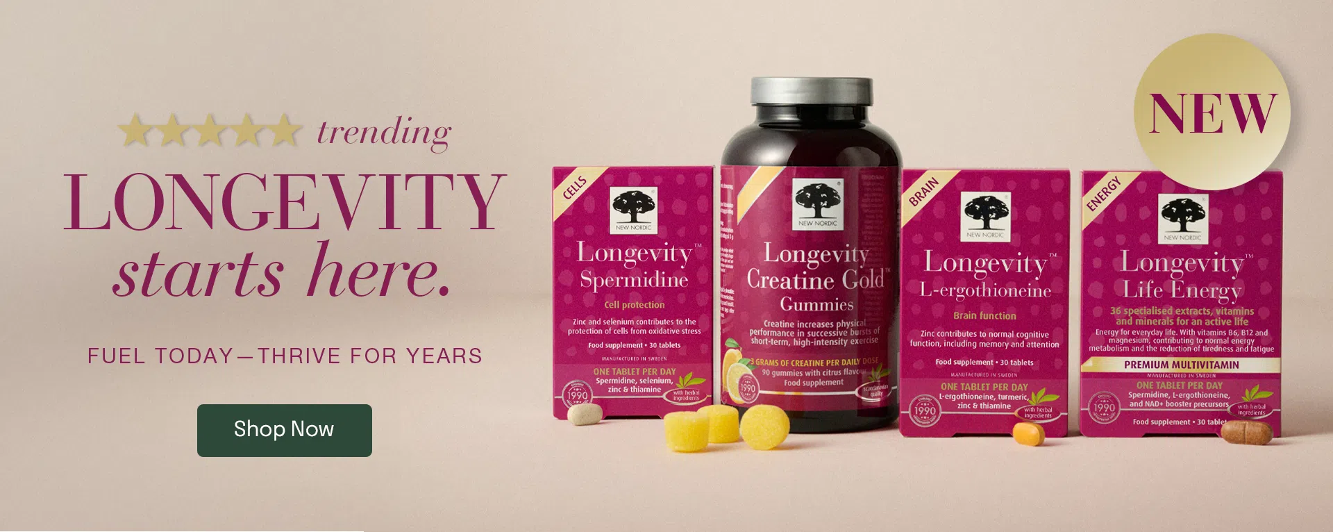 Image of New Nordic Longevity products with text "Longevity starts here. Fuel today— Thrive for years."