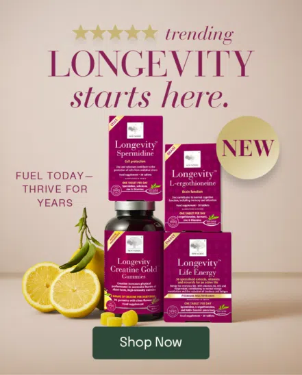 Image of New Nordic Longevity products with text "Longevity starts here. Fuel today— Thrive for years."
